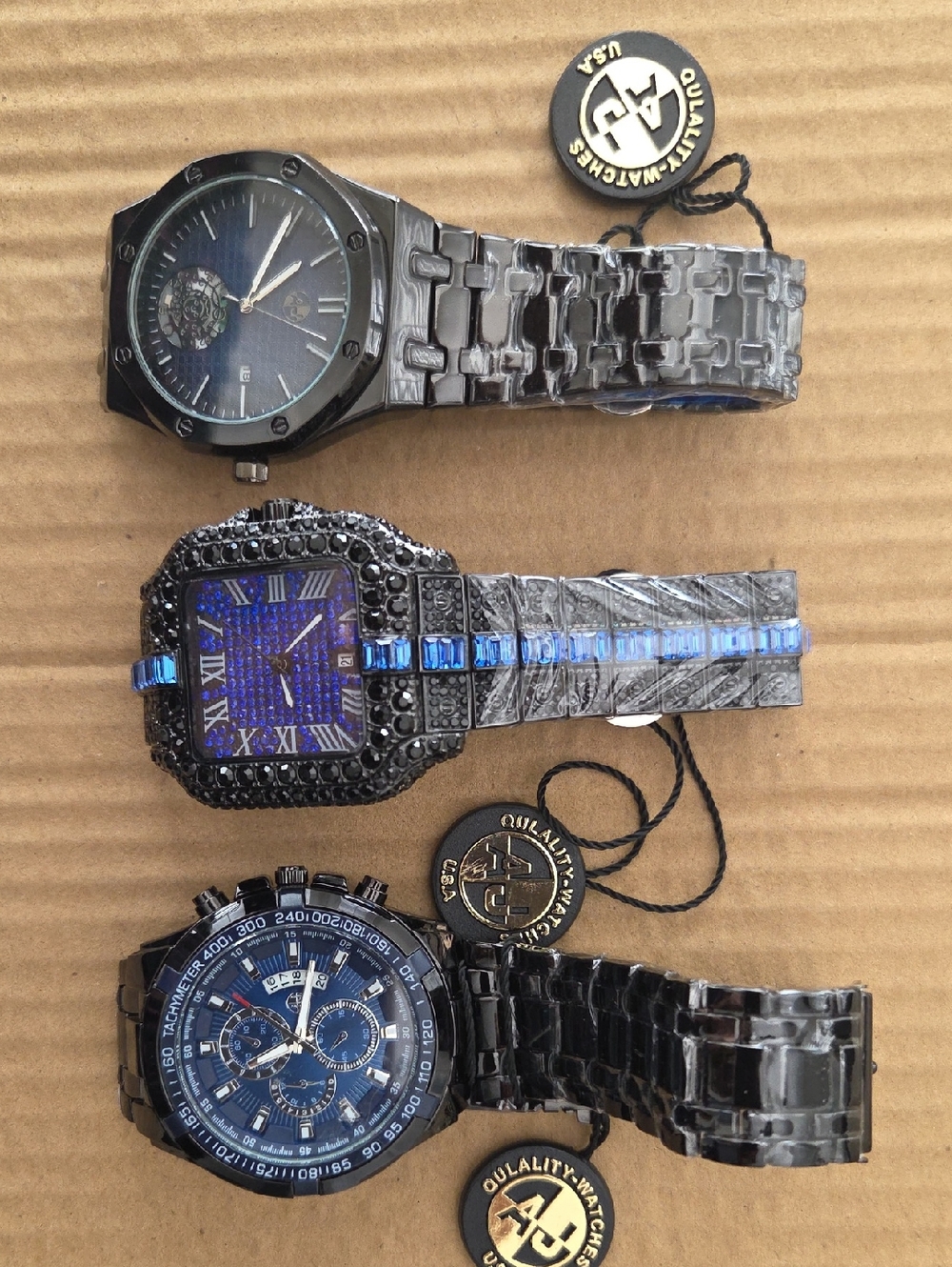 Mens AJ Black & Blue Stainless Steel Watches $30.00 Each, or 3 For $70.00.